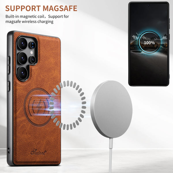 SUTENI Luxury Faux Leather Phone Case Magnet Wireless Charging Frosted Feel For Samsung S26Ultra S25Plus S24 S23 S22 Note20