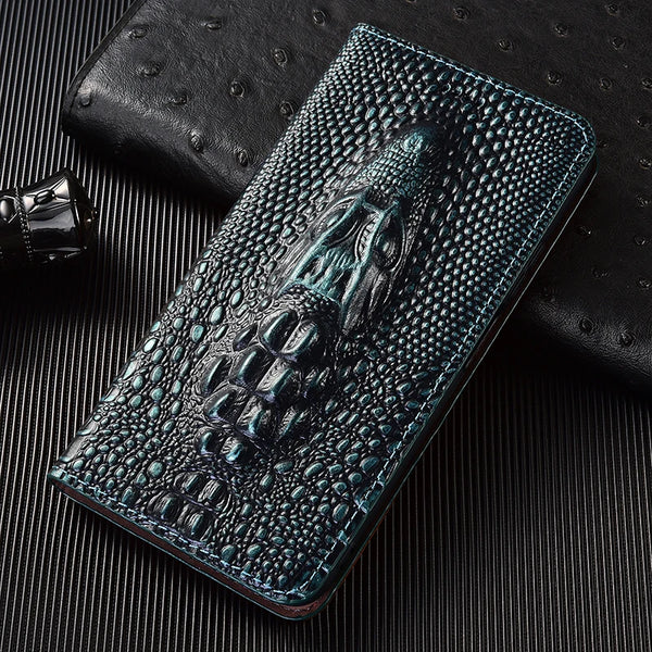Genuine Leather Crocodile 3D Head Flip Case for iPhone 17 16 16E 15 14 13 12 11 8 X XS XR Pro Max Plus Card Slots Wallet Cover