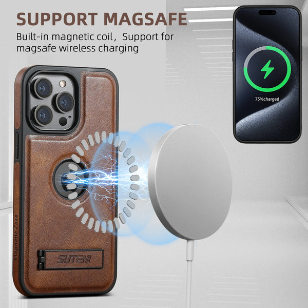 SUTENI Luxury Faux Leather MagSafe Magnetic Wireless Charging Case Stand Phone Case For iPhone 17 Pro Max 16 Plus 15 14 13 12