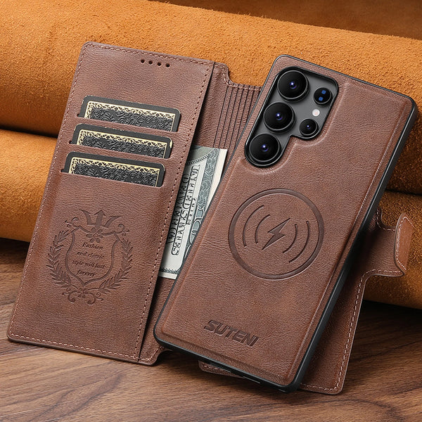 SUTENI PU Leather Wireless Charging Card Holder Stand Wallet Magnetic Flip Cover Phone Case For Samsung Galaxy S25 Ultra S24 S23