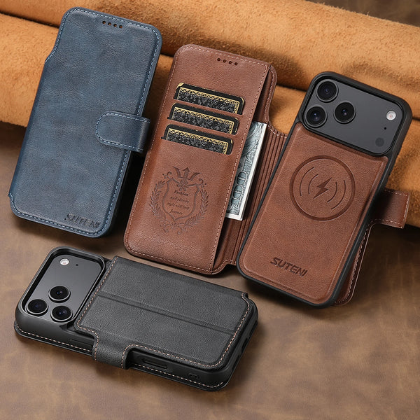 SUTENI Faux Leather Wireless Charging Card Holder Stand Wallet Magnetic Flip Cover Phone Case For iPhone 17 Pro Max 16 Plus 15
