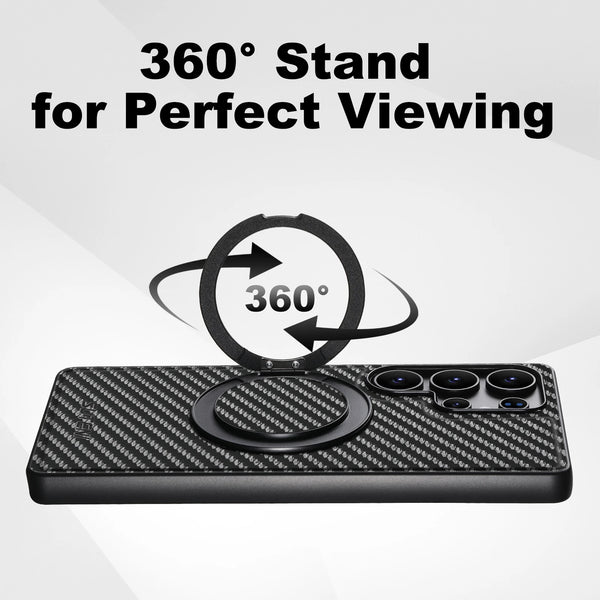 SUTENI Carbon Fiber Phone Case Wireless Charging 360° Rotating Stand PU Leather Ring Buckle For Samsung S26Ultra S25 S24 S23 S22