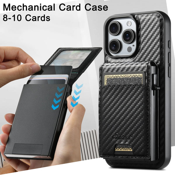 Carbon Fiber Leather 2-in-1 Magnetic Phone Case Card Holder Wallet MagSafe Wireless Charging for iPhone 17 Pro Max 16 Plus 15 14