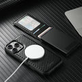 Carbon Fiber Leather 2-in-1 Magnetic Phone Case Card Holder Wallet MagSafe Wireless Charging for iPhone 17 Pro Max 16 Plus 15 14