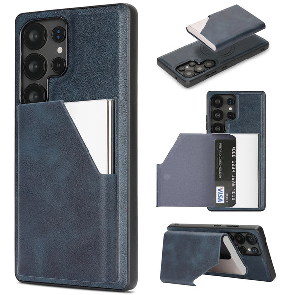Magnetic Leather Case for Samsung Galaxy S25 Ultra Edge S24 Plug 23 + S25Ultra S25U S24U 5G Mirror Card Holder Phone Cover