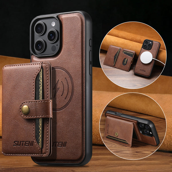 SUTENI Wireless Charging Luxury Faux Leather Magnet Phone Case Card Holder Stand For iPhone 17 Pro Max 16 Plus 15 Pro 14 13 12