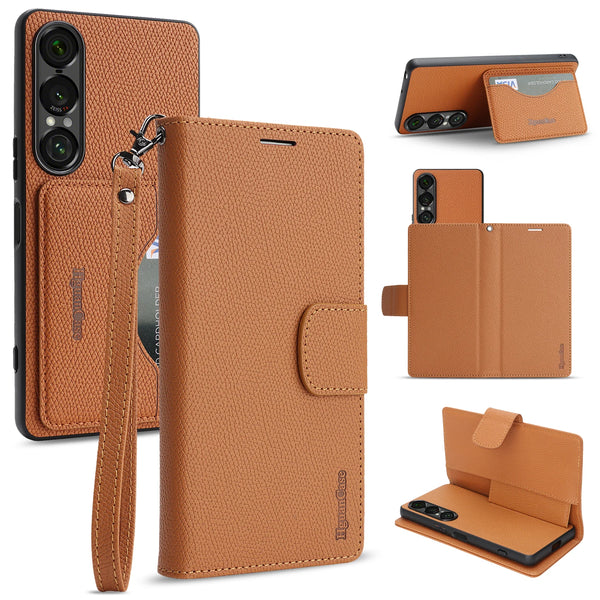 2 in 1 Leather Wallet Case for Sony 10VII 1VII Cash Card Slots Holder Kickstand Phone Cover WIth Hand Strap