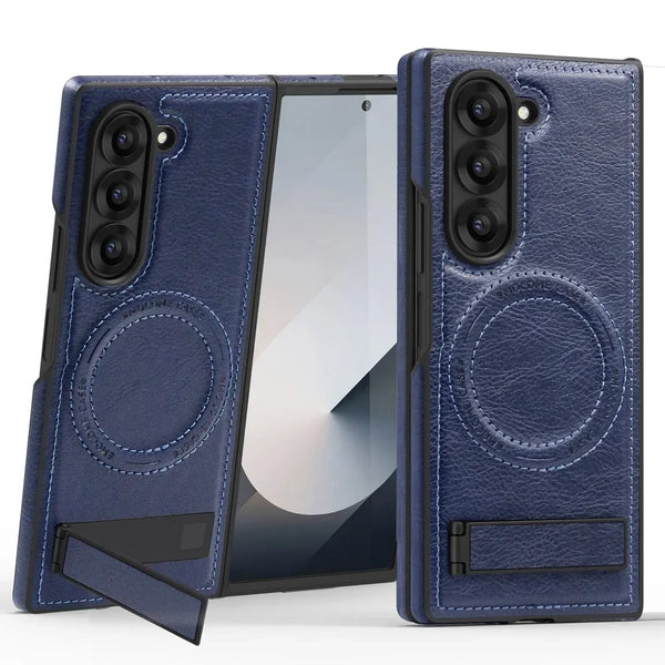 Leather Case For Samsung Galaxy Z Fold 6 5 4 3 Magnetic Fold6 Fold5 Fold4 Fold3 Wrieless Charger Phone Cover WIth Kickstand