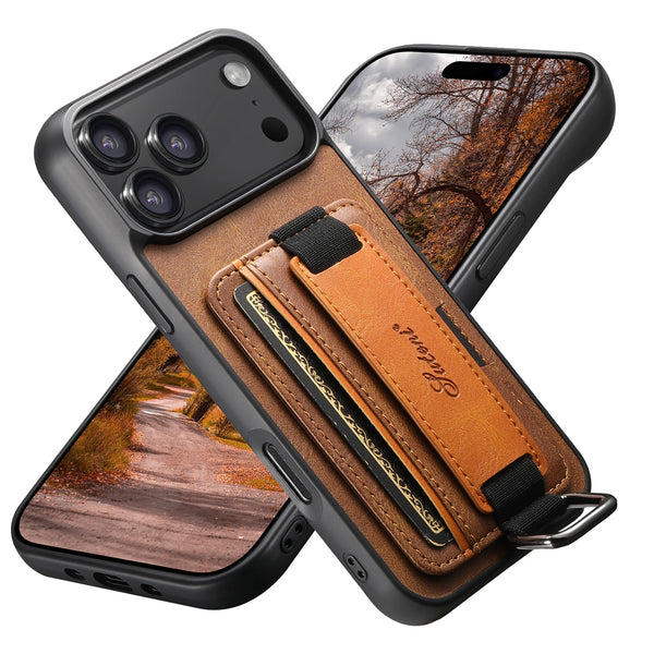 SUTENI brand Wrist Strap Leather Card Holder Stand for IPhone 17 Air Pro 16 E Plus 15 14 13 12 Mini 11 X Xs XR Max Case