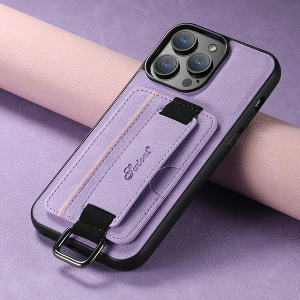 SUTENI Lychee skin print wrist strap card phone case Card holder for iPhone 17 ProMax 16 Plus 15 14 13 12 11 XR XS