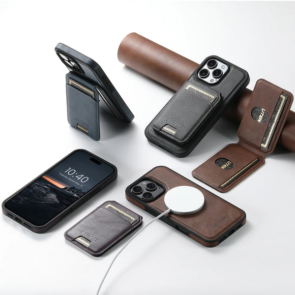 SUTENI Faux Leather Phone Case Wireless Charging Magnet Card Holder Stand Smooth Surface 2-in-1 For 17 Pro Max 16 Plus 15 14 13