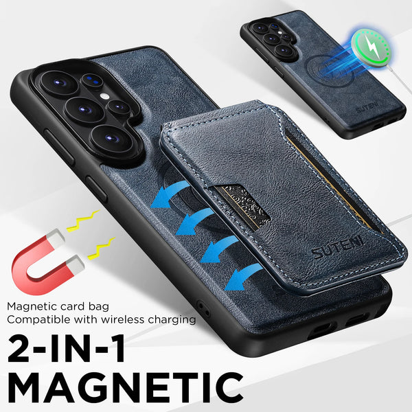 SUTENI Magnet Wireless Charging Luxury Faux Leather Phone Case Card Holder Stand For Samsung Galaxy S26 Ultra S25 S24 S23 S22