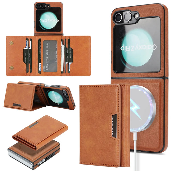 2 in 1 Leather Magnetic Case for Samsung Galaxy Z Flip 7 6 5 4 3 Kickstand 7 Cards Slots Holder Wireless Charging Phone Cover