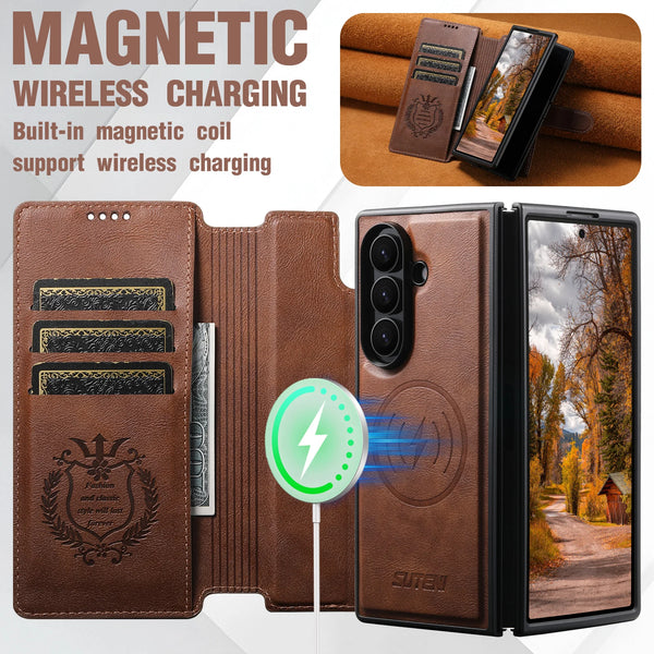 SUTENI Faux Leather Wireless Charging Card Holder Stand Wallet Magnetic Flip Cover Phone Case For Samsung Galaxy Z Fold 7 6