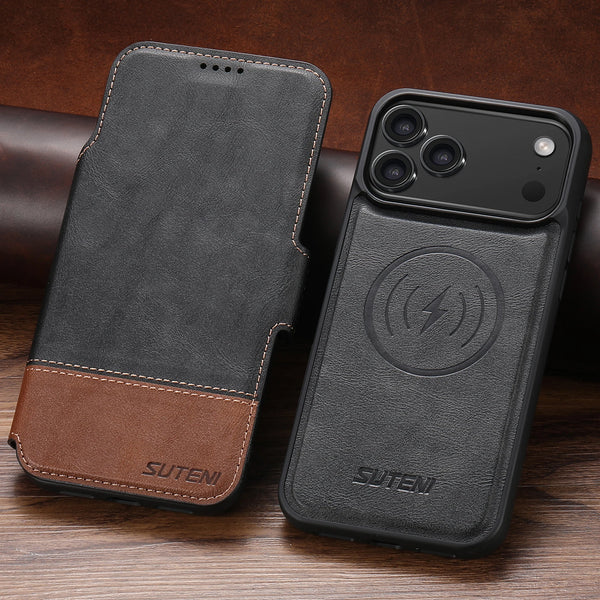 SUTENI Wireless Charging Phone Case Card Holder Stand Wallet Magnetic Flip Cover Faux Leather For iPhone 17 Pro Max 16 Plus 15