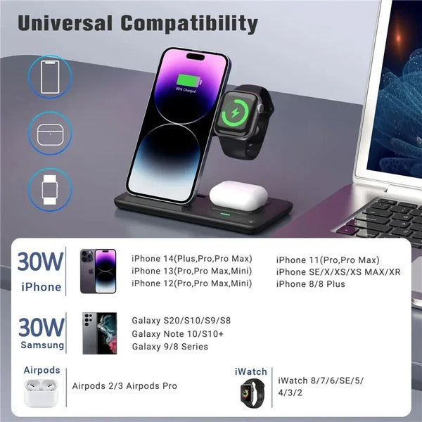 30W Fast Wireless Charger Stand Pad Foldable Fast Charging Station Dock for iPhone 17 16 15 14 13 12 Pro Max Apple Watch Airpods