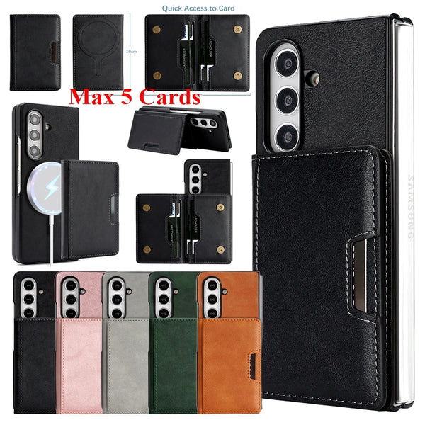 2 In 1 Leather Case For Samsung Galaxy Z Fold 7 6 5 4 3 Magnetic Cards Holder Card Slots Kickstand Wireless Charging Phone Cover
