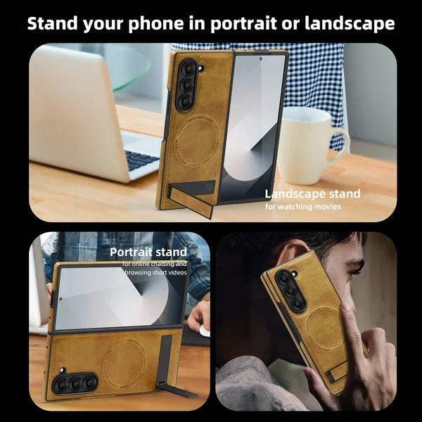Leather Case For Samsung Galaxy Z Fold 6 5 4 3 Magnetic Fold6 Fold5 Fold4 Fold3 Wrieless Charger Phone Cover WIth Kickstand