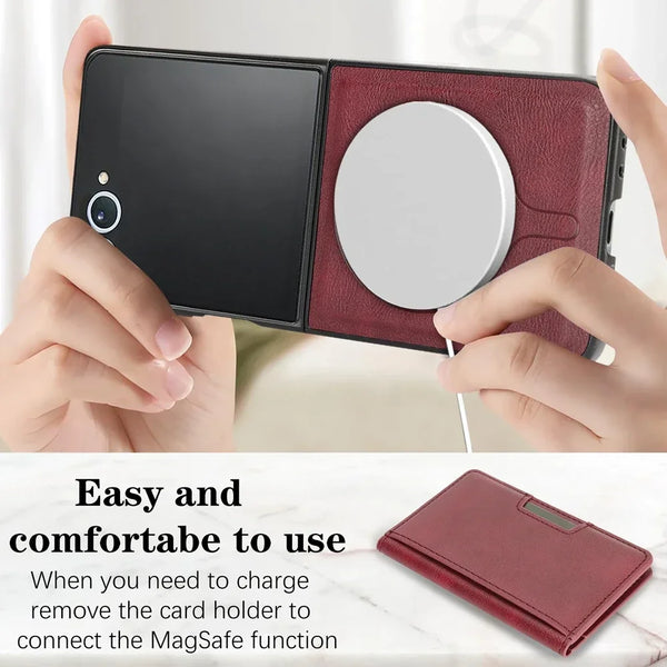 Leather Case For Samsung Galaxy Z Flip 7 6 5 4 3 Flip7 Flip6 Flip5 Wireless Charging 2 In 1 Magnetic Cards Bag Phone Cover