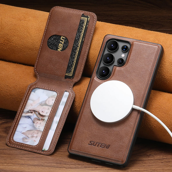 SUTENI Magnet Wireless Charging Luxury Faux Leather Phone Case Card Holder Stand For Samsung Galaxy S26 Ultra S25 S24 S23 S22