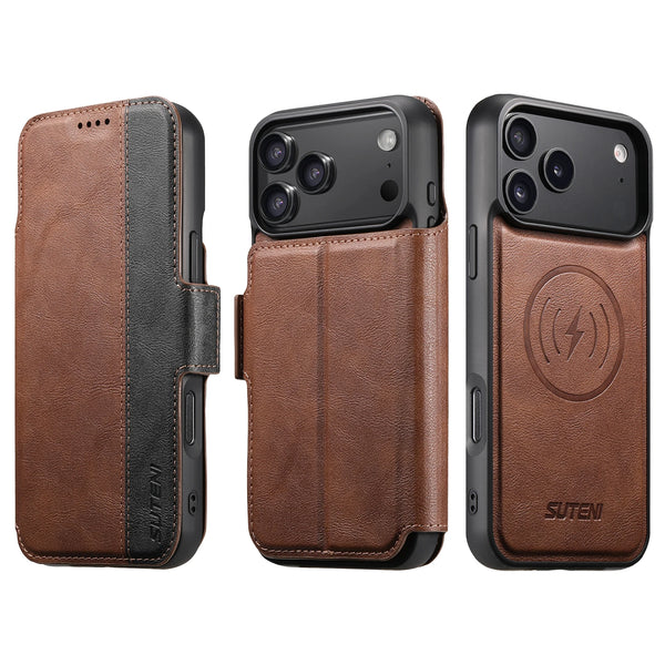 SUTENI Magnetic Flip Cover Phone Case Wireless Charging Card Holder Stand Wallet Faux Leather For iPhone 17 Pro Max 16 Plus 15