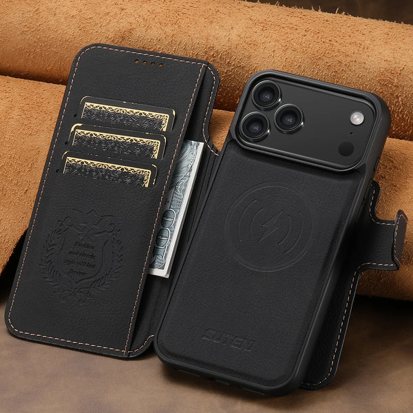 SUTENI Wireless Charging Card HolderStand Faux Leather Wallet Magnetic Flip Cover Phone Case For iPhone 17 Pro Max 16 Plus 15 14