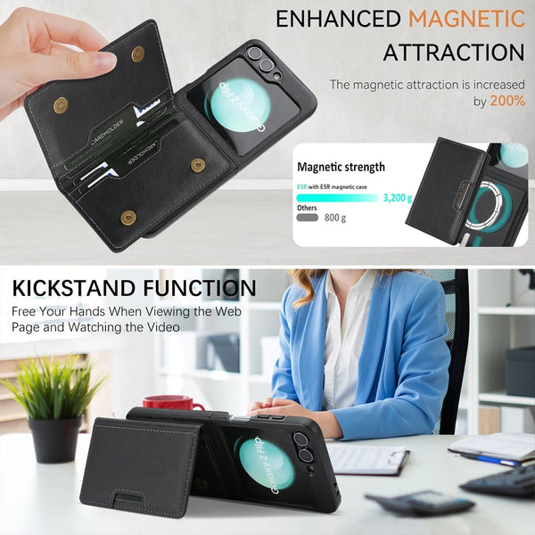 2 In 1 Leather Case For Samsung Galaxy Z Flip 7 6 5 4 3 Flip7 Flip6 Cards Slots Kickstand Wireless Charging Magnetic Phone Cover