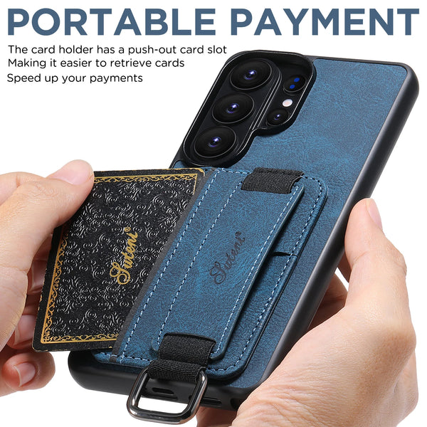 SUTENI Faux Leather Phone Case Wrist Strap Ring Buckle Card Holder Stand For Samsung Galaxy S26 Ultra S25 Plus S24 S23