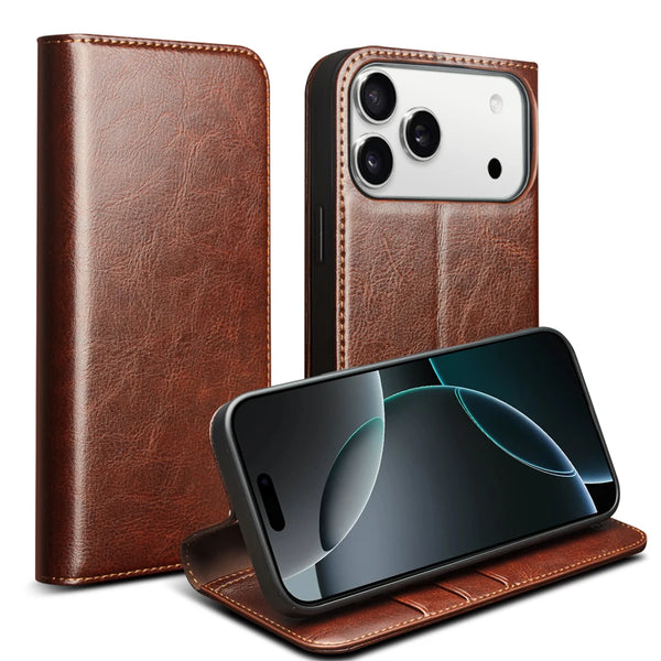 Genuine Leather Flip Case for iPhone 17 Bracket Handmade Business Cover with Card Slots for iPhone 17 Pro Max/17 Air