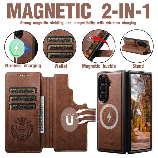 SUTENI Faux Leather Wireless Charging Card Holder Stand Wallet Magnetic Flip Cover Phone Case For Samsung Galaxy Z Fold 7 6