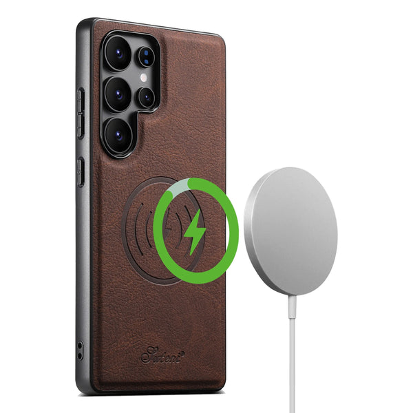 SUTENI Luxury Faux Leather Phone Case Magnet Wireless Charging Frosted Feel For Samsung S26Ultra S25Plus S24 S23 S22 Note20