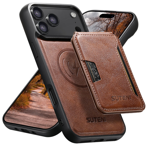 SUTENI 2in1 Magnet Wireless Charging Faux Leather Phone Case Card Holder Bag Stand For iPhone 17 Pro Max 16 Plus 15 14 13 12