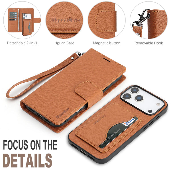 2 in 1 Leather Wallet Case for Iphone 17 Promax 17e 16e 16 Pro Max 15 Plus 14 13 12 Cash Card Slots Phone Cover WIth Hand Strap