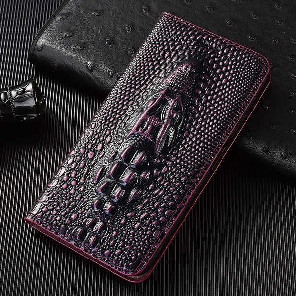 Genuine Leather Crocodile 3D Head Flip Case for iPhone 17 16 16E 15 14 13 12 11 8 X XS XR Pro Max Plus Card Slots Wallet Cover