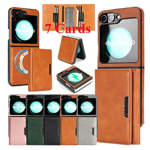 2 in 1 Leather Magnetic Case for Samsung Galaxy Z Flip 7 6 5 4 3 Kickstand 7 Cards Slots Holder Wireless Charging Phone Cover