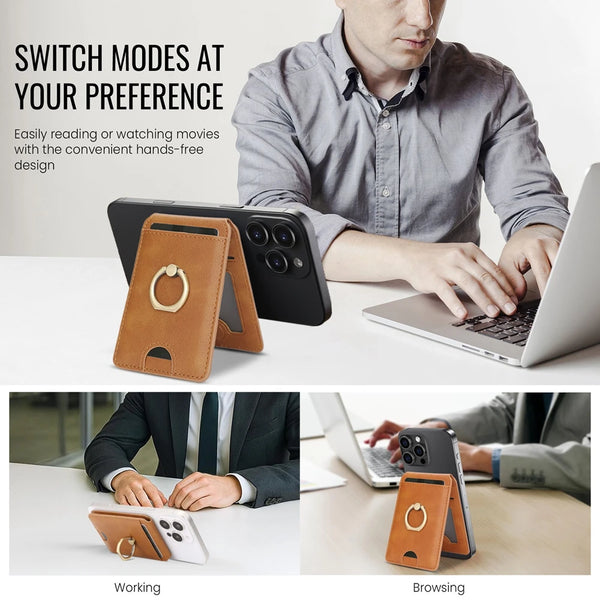 Magnetic Ring Leather Cards Holder Slots For iphone 16 15 14 13 12 Samsung Xiaomi Google Phone Kickstand Cards Bag Cards Pocket