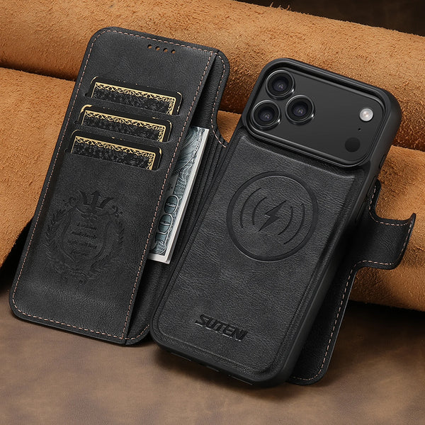 SUTENI Faux Leather Wireless Charging Card Holder Stand Wallet Magnetic Flip Cover Phone Case For iPhone 17 Pro Max 16 Plus 15