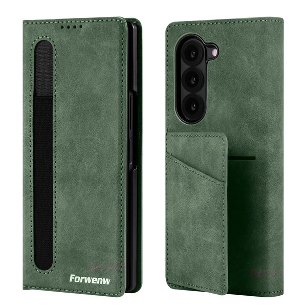 Leather Case For Samsung Galaxy Z Fold 7 6 5 4 3 Fold7 Fold6 Fold5 Fold4 Card Slots Cards Holder Kickstand Phone Cover
