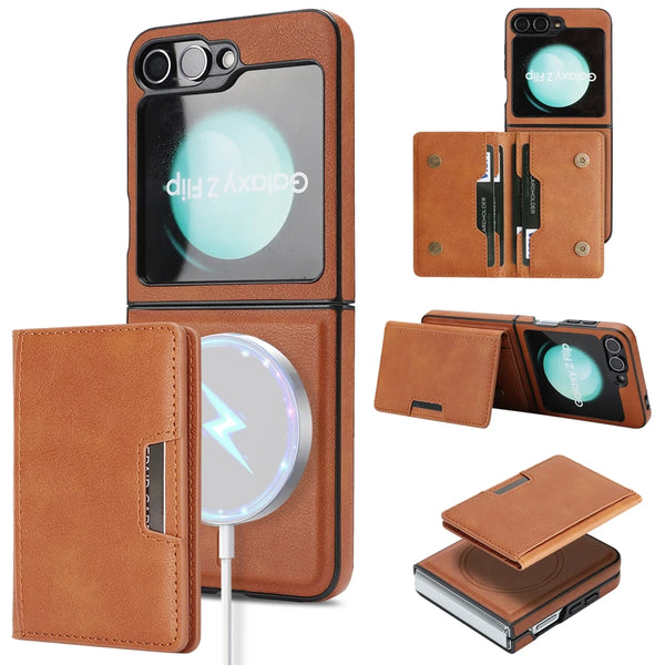 2 In 1 Leather Case For Samsung Galaxy Z Flip 7 6 5 4 3 Flip7 Flip6 Cards Slots Kickstand Wireless Charging Magnetic Phone Cover