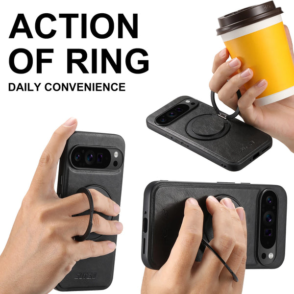 SUTENI PU Leather Oil Wax Compatible Wireless Charging Phone Case 360° Rotating Stand Buckle For Google Pixel 9XL 8Pro 7A 6