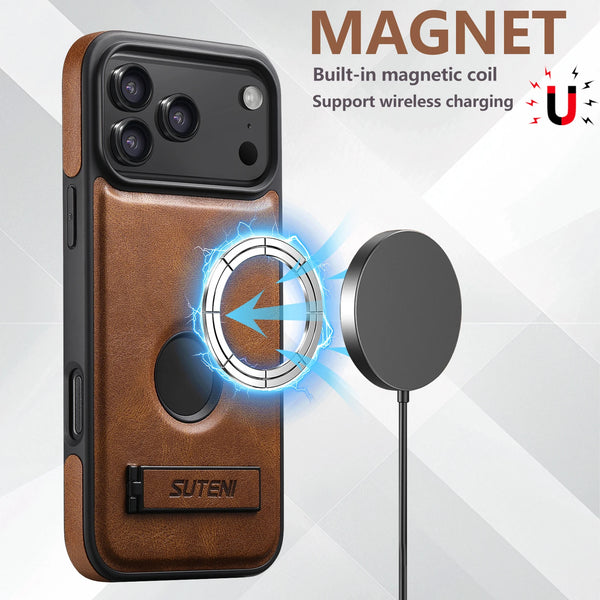 SUTENI Luxury Faux Leather Phone Case Stand Magnet Wireless Charging Smooth Surface For iPhone 17 Pro Max 16 Plus 15 14 13 12