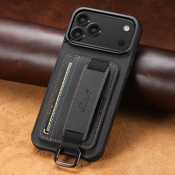 SUTENI For iPhone 17 Pro Max 16 Plus 15 14 13 12 Faux Leather Phone Case Wrist Strap Ring Buckle Card Holder Bag Stand