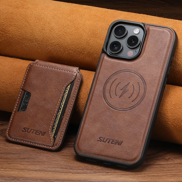 SUTENI Magnet Wireless Charging Luxury Faux Leather Phone Case Card Holder Stand For iPhone 17 Pro Max 16 Plus 15 14 13 12