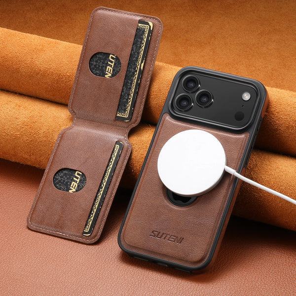SUTENI Faux Leather Phone Case Wireless Charging Magnet Card Holder Stand Smooth Surface 2-in-1 For 17 Pro Max 16 Plus 15 14 13