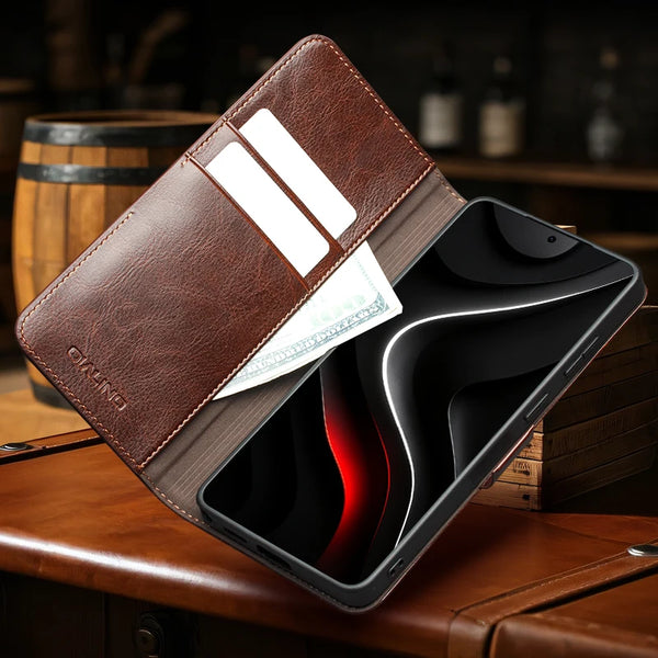 Genuine Leather Phone Case for Samsung Galaxy S26 S25 S24 Ultra Plus, Samsung Galaxy Z Fold 7 6 5 4 & Z Flip 7 6 5 Series, Xiaomi 17 15 Ultra Mi 11 Series & iPhone 17 16 15 14 13 Air Pro Pro Max Series | Luxury Wallet Card Slots magnetic flip back case