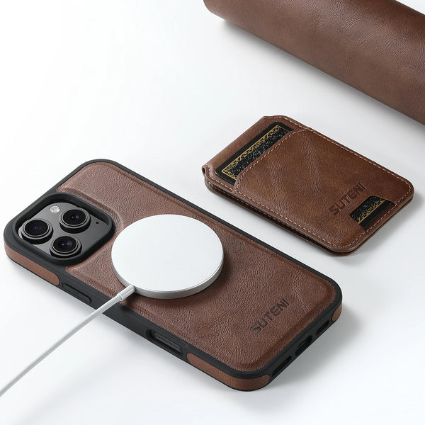 SUTENI Faux Leather Phone Case Wireless Charging Magnet Card Holder Stand Smooth Surface 2-in-1 For 17 Pro Max 16 Plus 15 14 13