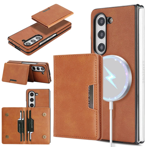 2 In 1 Magnetic Case For Samsung Galaxy Z Fold 7 6 5 4 3 Fold7 Fold6 Cards Slots Holder Kickstand Wireless Charging Phone Cover