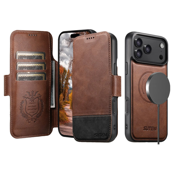 SUTENI Wireless Charging Phone Case Card Holder Stand Wallet Magnetic Flip Cover Faux Leather For iPhone 17 Pro Max 16 Plus 15