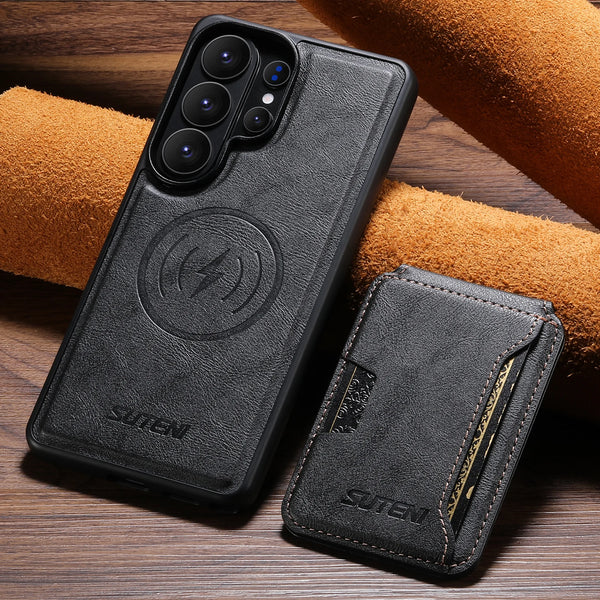 SUTENI Magnet Wireless Charging Luxury Faux Leather Phone Case Card Holder Stand For Samsung Galaxy S26 Ultra S25 S24 S23 S22