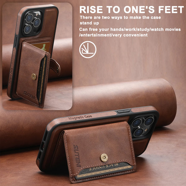 Wireless Charging Faux Leather Magnetic Button Card Holder Stand Phone Case Smooth Surface 2-in-1 Wallet For iPhone 17 ProMax 16